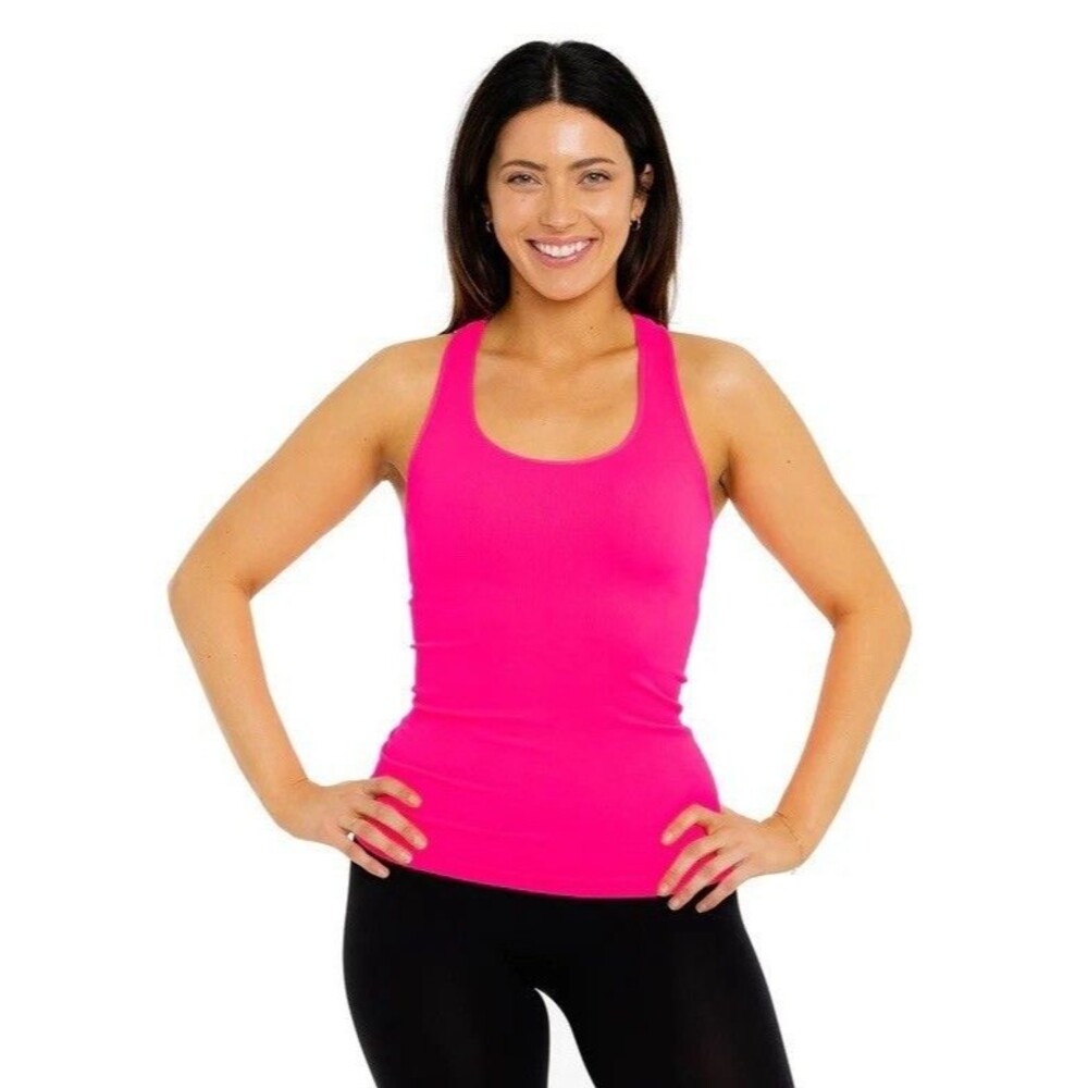 TANCO Bright Neon Pink Knit Ribbed Stretch Tank Top Racerback Fitted One Size M